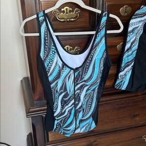 Blue and Black Swimsuit Top and Bottoms